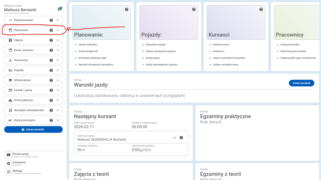 Kliknij "Planowanie"