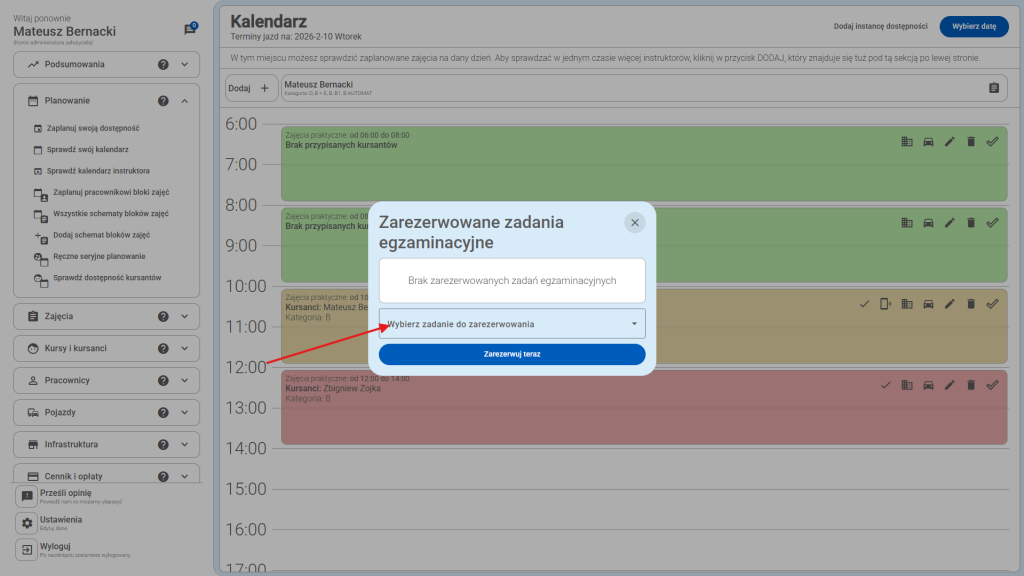Kliknij pole, aby wybrać zadanie egzaminacyjne do rezerwacji. 