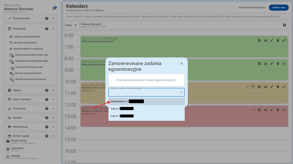 Wybierz infrastrukturę do rezerwacji.