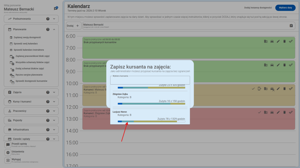 Turkusowy kolor oznacza, iż tyle % całego kursu zostało zaplanowane - wpisane do kalendarza CarDriveManager.