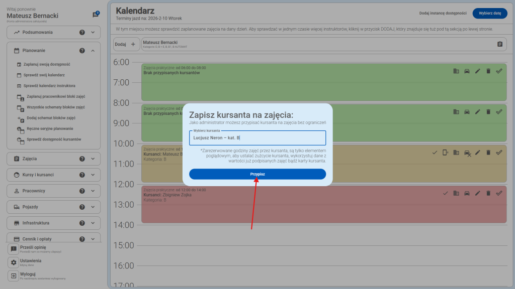 Po wybraniu kursanta - kliknij przycisk "Przypisz", aby przypisać kursanta do zajęć. 
