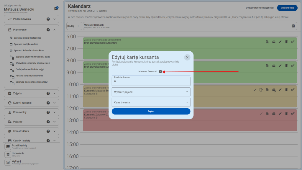 Kliknij przycisk Informacji, aby dowiedzieć się więcej o kursancie.