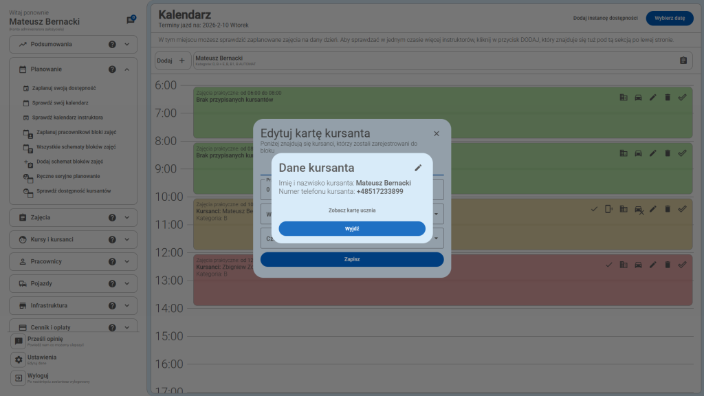 Okno z informacjami o kursancie.