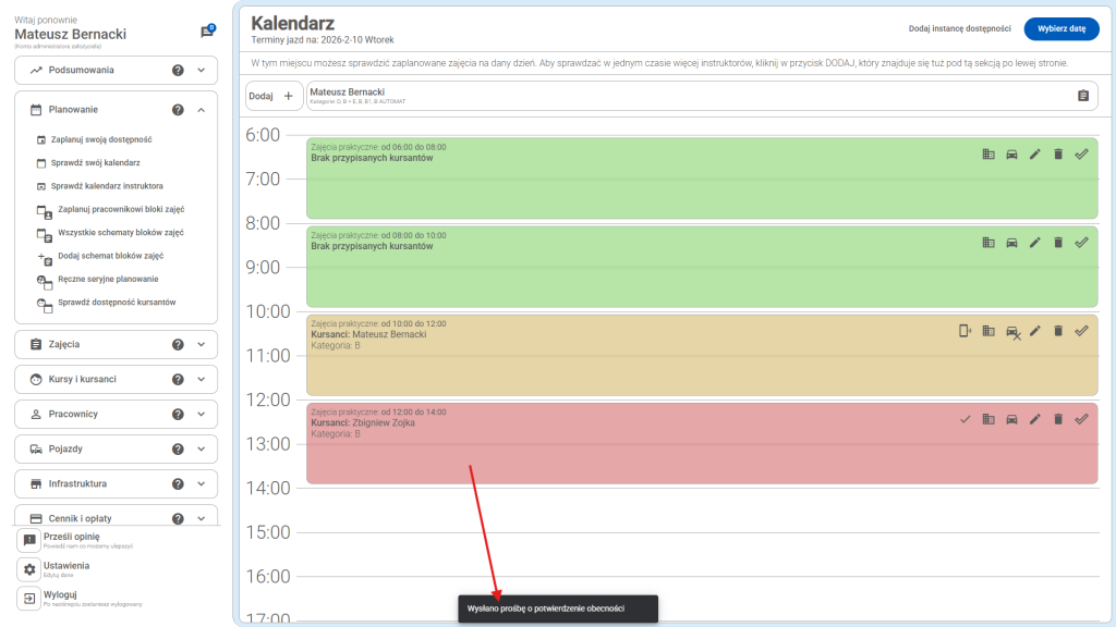 Pojawia się informacja o wysłaniu powiadomienia do kursantów.