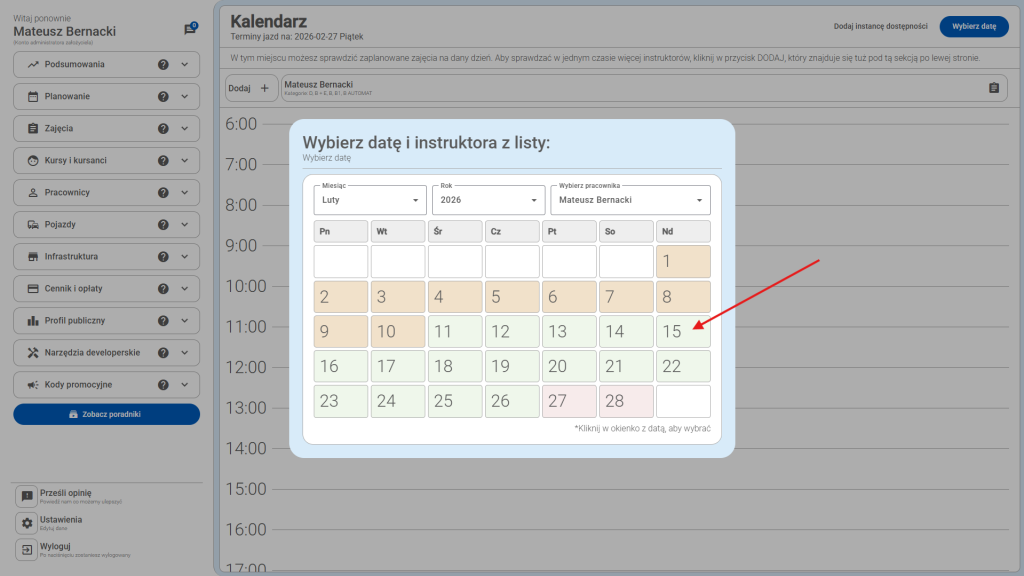 Zielone pole daty znaczy, iż w danej dacie są zaplanowane już bloki lekcyjne