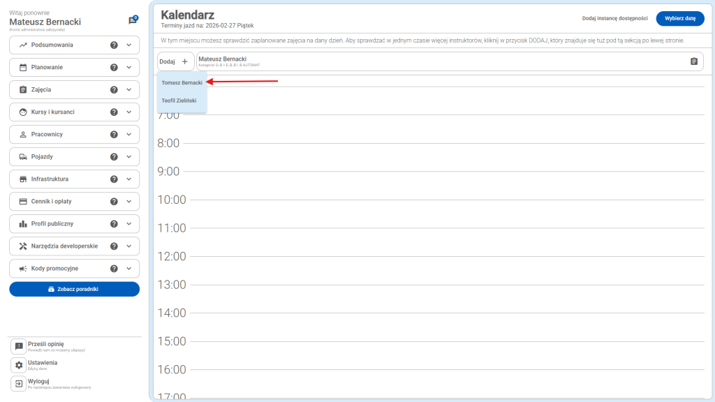 Wybierz pracownika, którego kalendarz podglądamy 