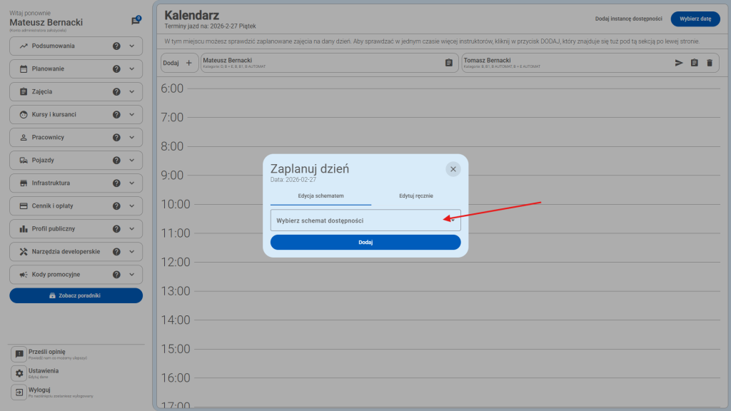 Kliknij pole - wybierz schemat dostępności