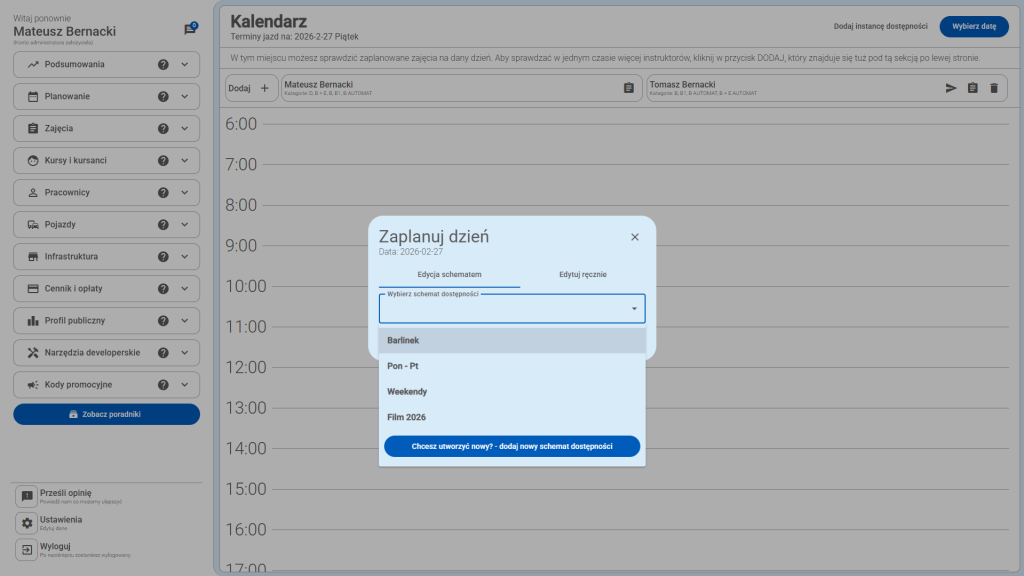 Wybierz schemat dostępności z listy
