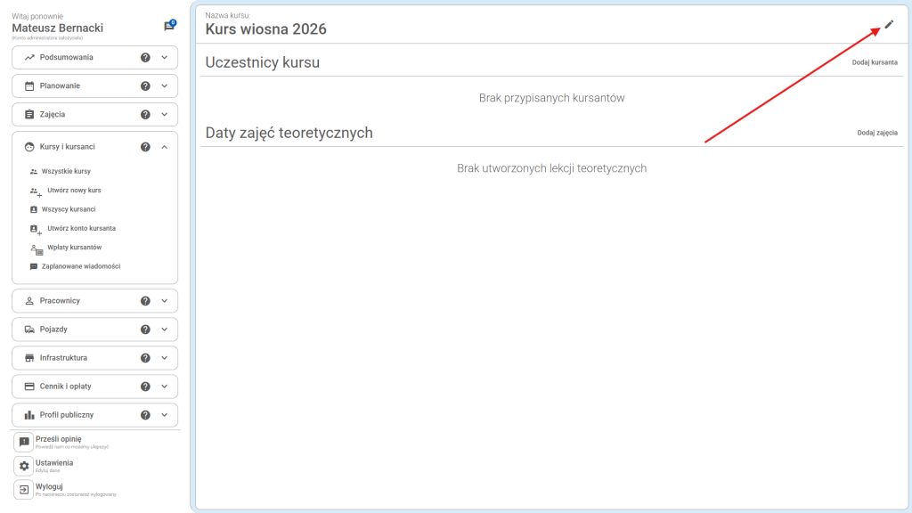 Z tego miejsca można edytować nazwę kursu.