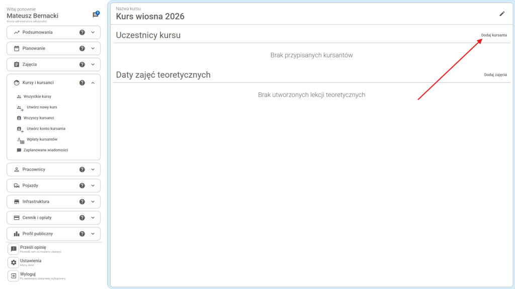 Aby dodać kursanta do kursu, kliknij przycisk "Dodaj kursanta".