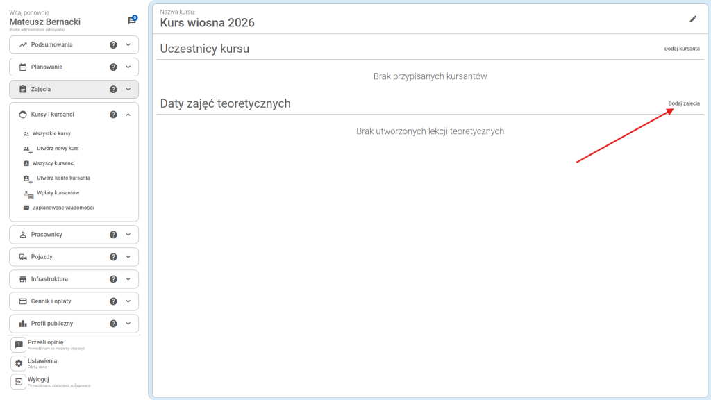 Z tego poziomu można również przypisać zajęcia do danego kursu. 