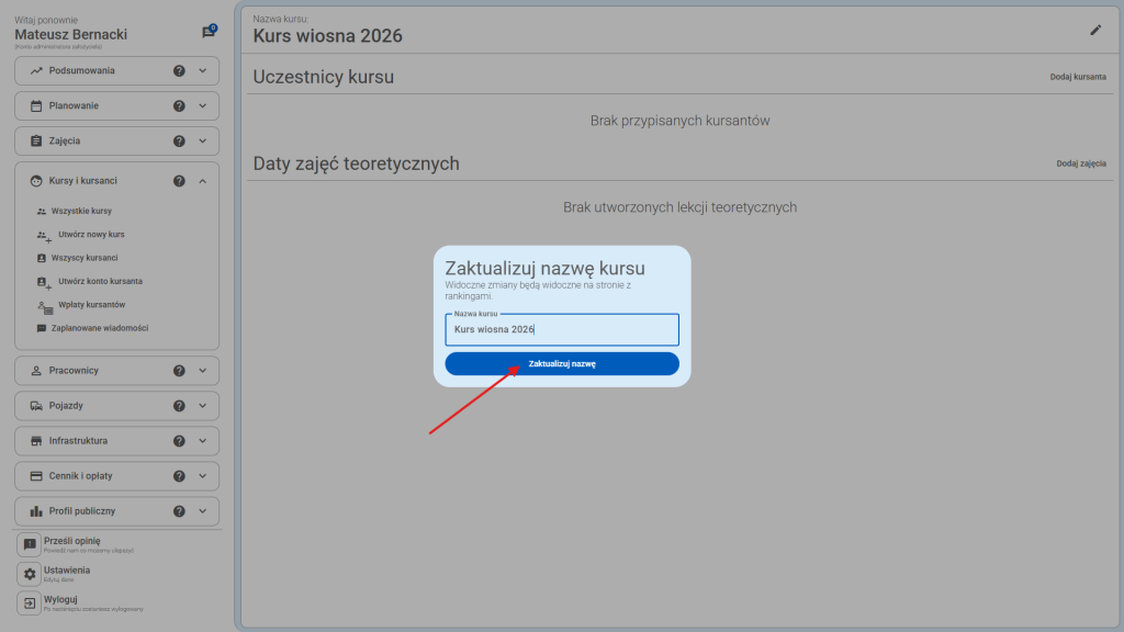 Po skończeniu edycji nazwy kursu, można nacisnąć przycisk "Zaktualizuj nazwę".