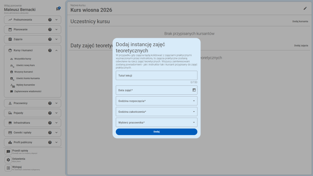 Po kliknięciu przycisku pojawi się pełne okno do dodawania zajęć teoretycznych. 