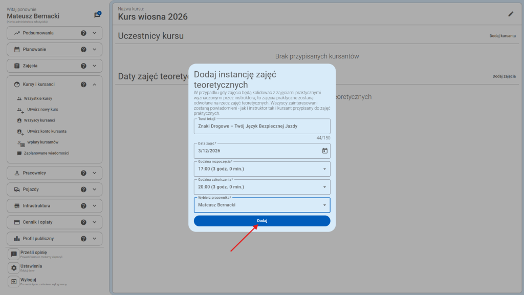Po uzupełnieniu danych można kliknąć przycisk "dodaj".