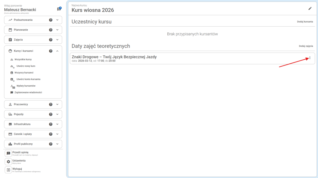 Aby sprawdzić obecność kursantów na zajęciach kliknij trzy kropki przy wybranych zajęciach.