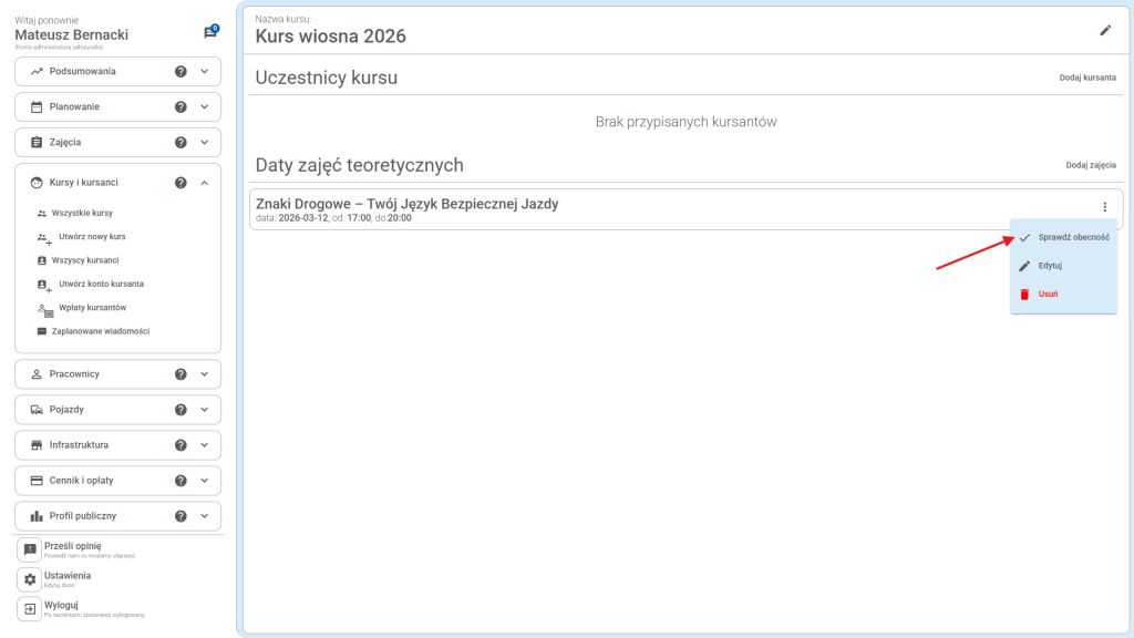 Kliknij przycisk "Sprawdź obecność", aby przejść do panelu sprawdzania obecności kursantów na zajęciach.