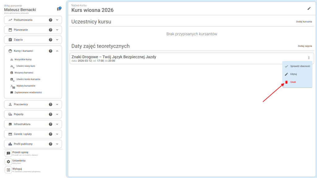By usunąć zajęcia - kliknij przycisk "usuń", przy wybranych zajęciach, które chcesz usunąć. 