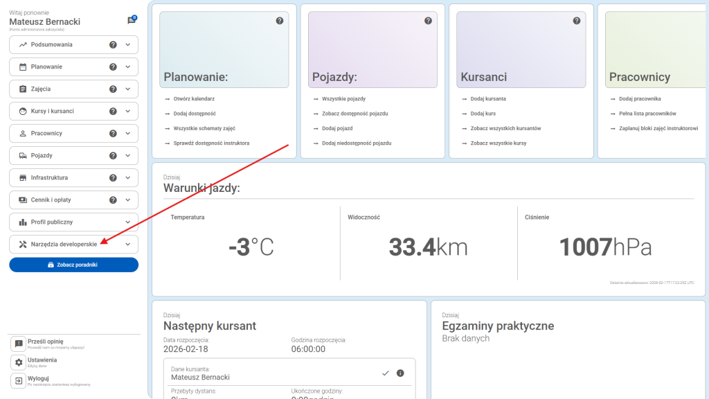 Rozwiń moduł "Narzędzia developerskie"