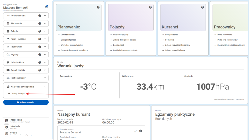 Kliknij "Tokeny dostepu"