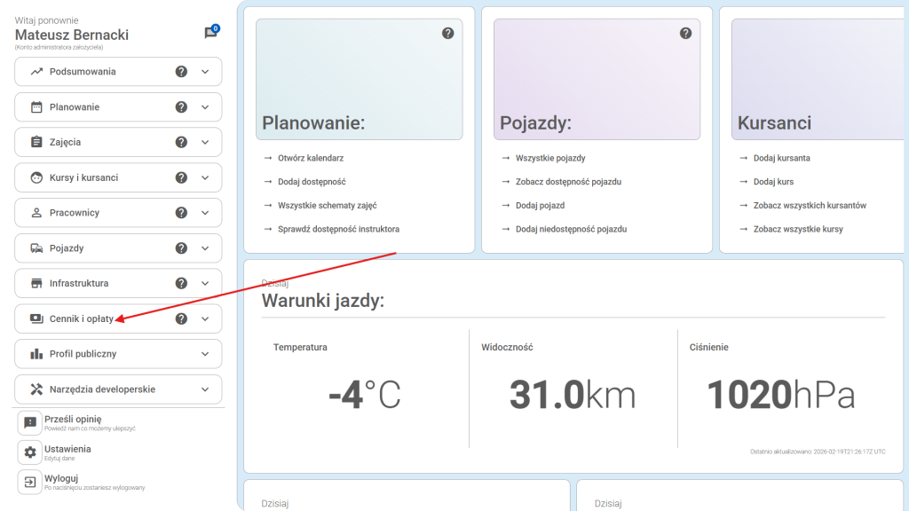 Rozsuń moduł "Cennik i opłaty"
