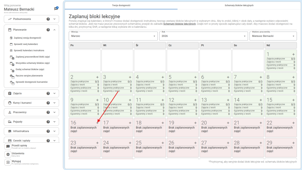 Kliknij +, aby dodać swoją dostępność 