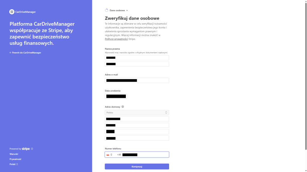 Uzupełnij dane i kliknij kontynuuj 