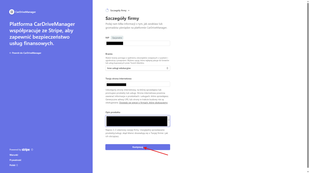 Uzupełnij szczegóły firmy i kliknij "Kontynuuj"