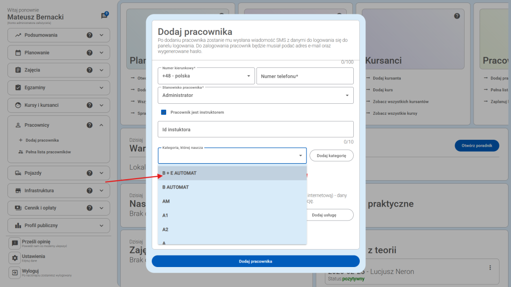 Wybierz z listy jaką kategorię obsługuje.