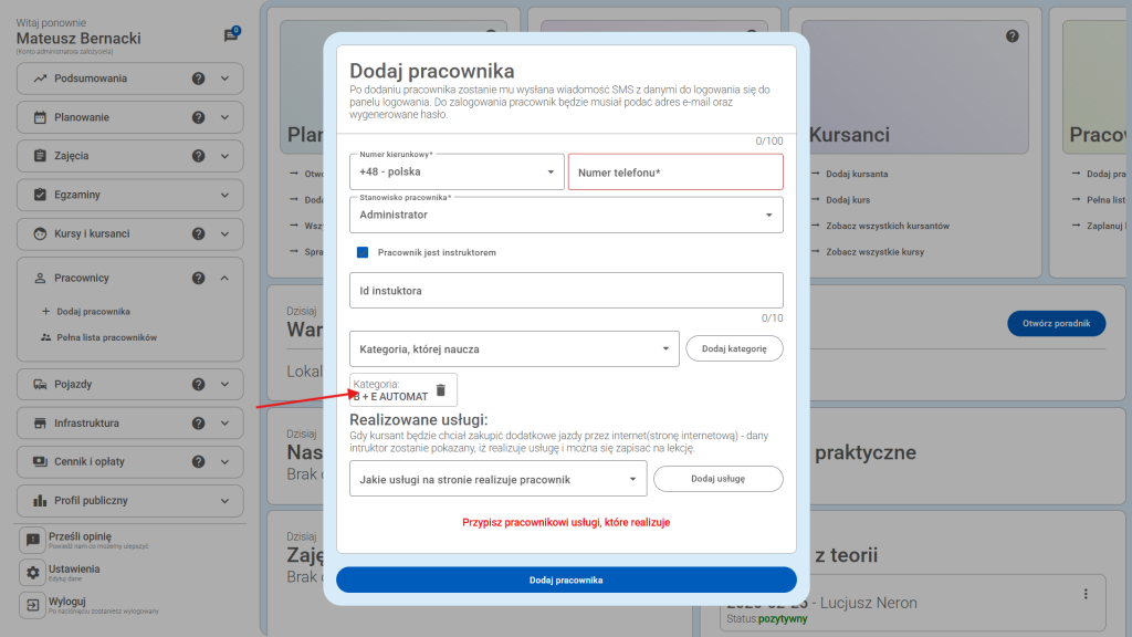 Wybrana kategoria pojawi się pod polem wyboru kategorii.