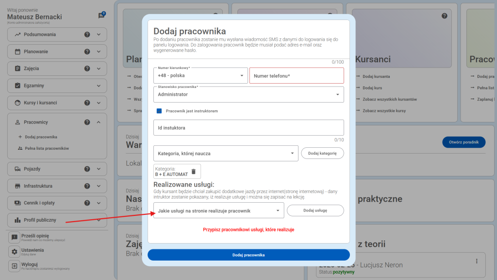 Kliknij pole "Jakie usługi na stronierealizuje pracownik".