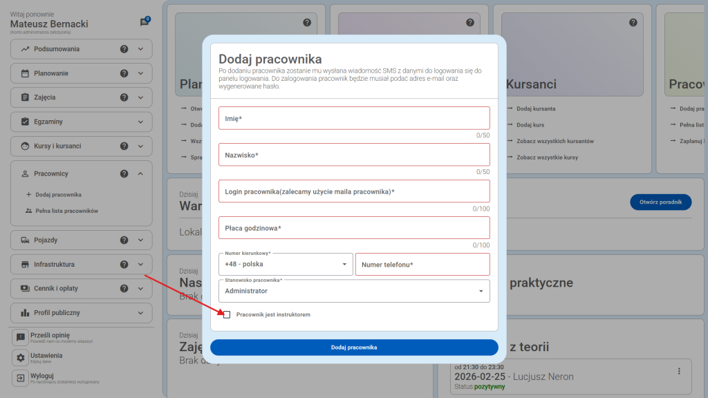 Zaznacz czy jest instruktorem - jak tak - wpisz numer identyfikacyjny instruktora