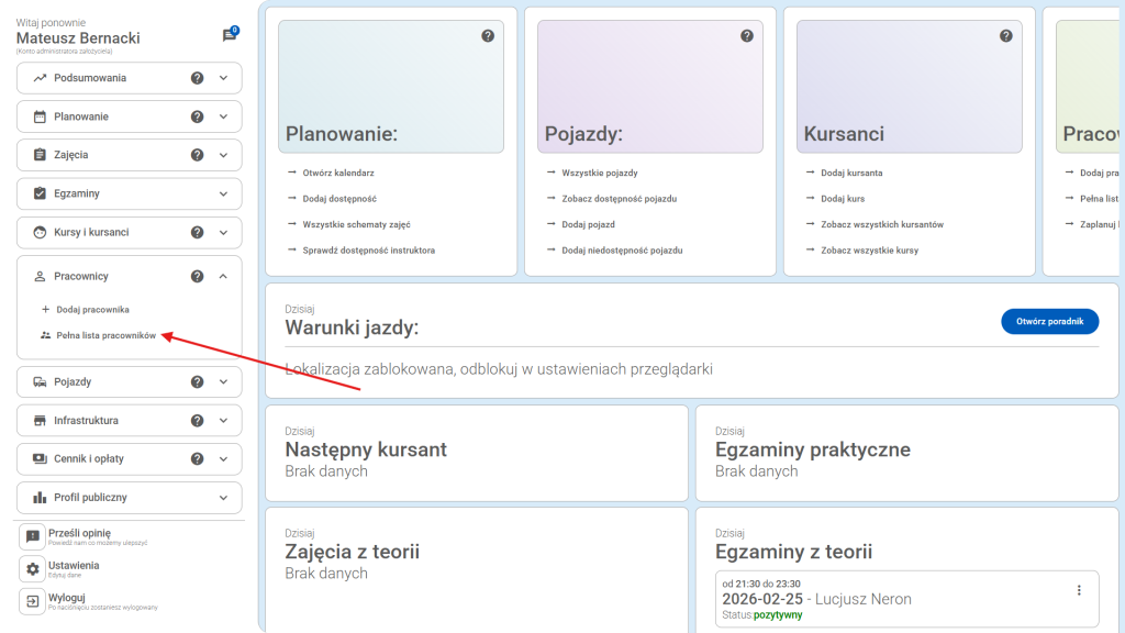 Kliknij w module "Pełna lista pracowników", aby przejść do pełnej listy zarejestrowanych pracowników osk.