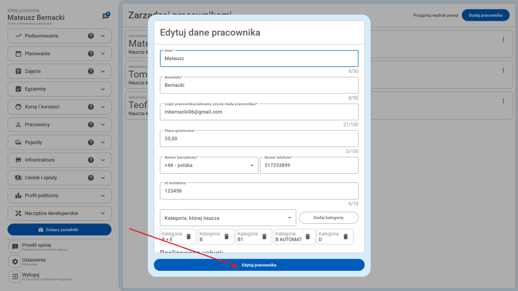 Pojawi się okno, po zakończeniu edycji - kliknij "edytuj pracownika".