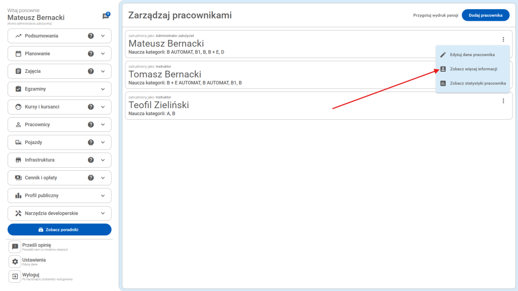 Aby zobaczyć dane pracownika - kliknij "Zobacz więcej informacji"