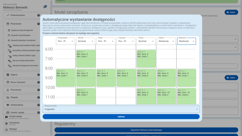 Podgląd jak wygląda cały zaplanowany tydzień