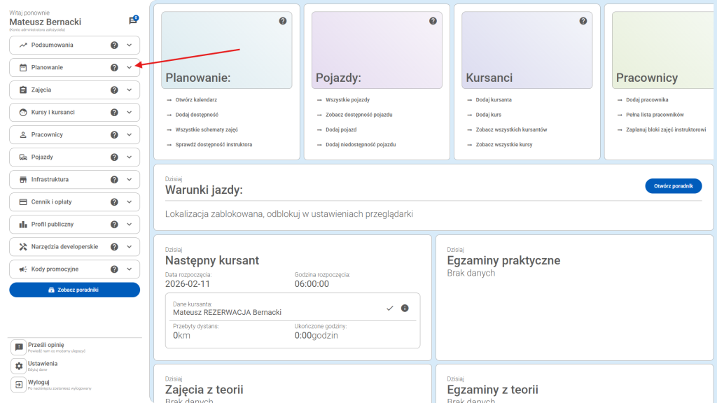 Kliknij w prawym boku w sekcję "Planowanie"