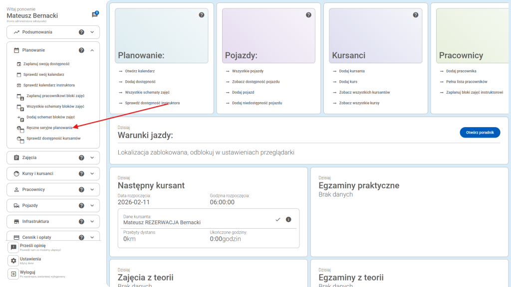 Wejdź w zakładkę "Ręczne seryjne planowanie"
