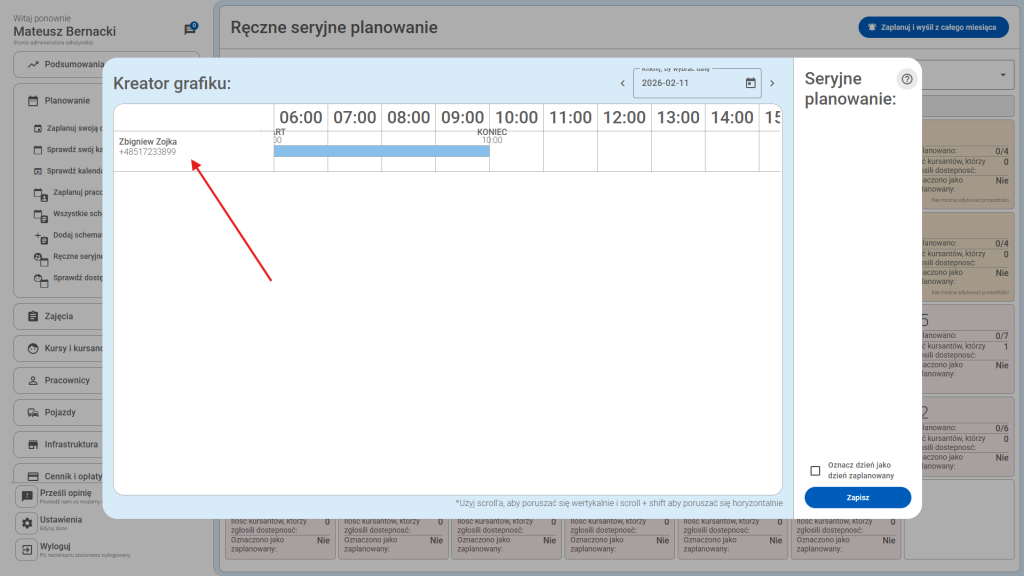 Pojawili się wszyscy kursanci którzy zgłosili swoją dostępność w wybranej dacie - Kliknij w kursanta