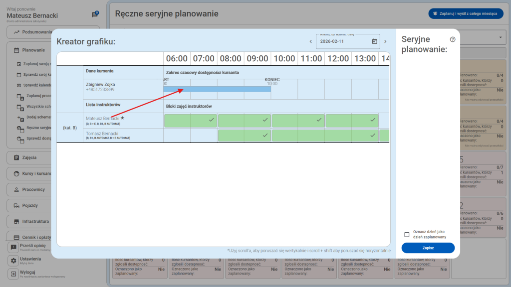 Tutaj znajduje się zakres godzin godzinowy w których kursant jest dostępny 