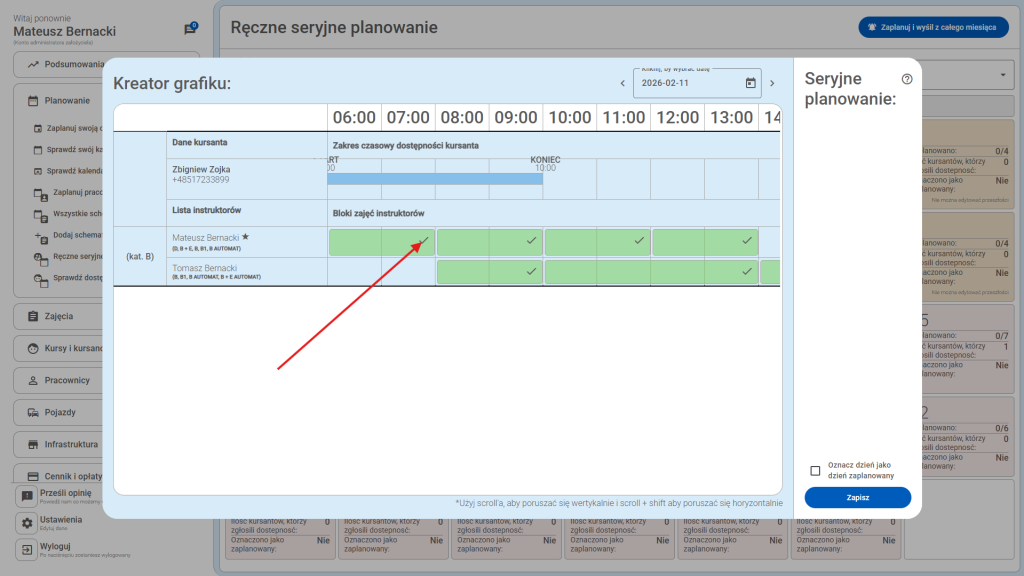 Kliknij, aby przypisać kursanta do zajęć