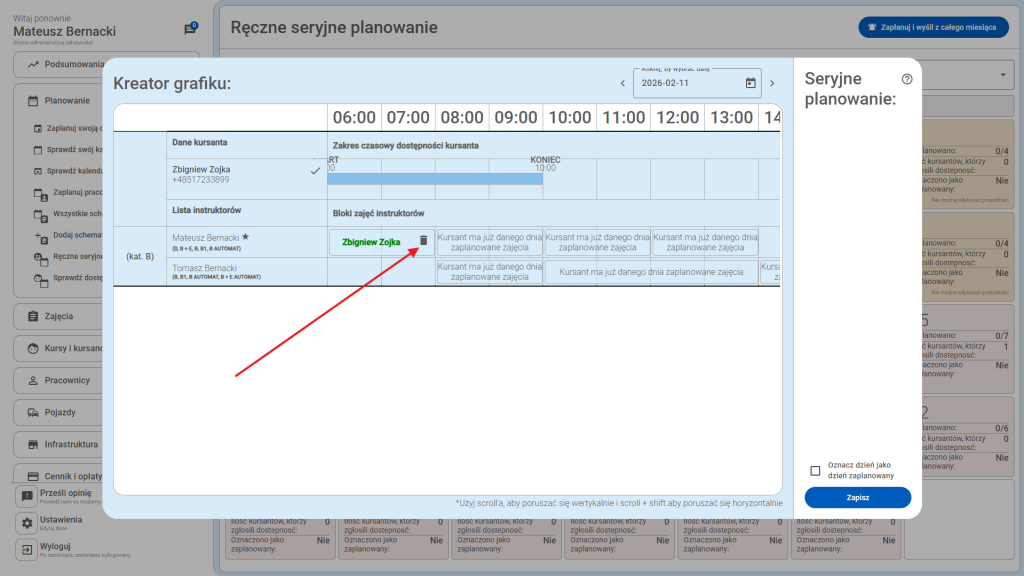 Aby usunąć kursanta kliknij kosz