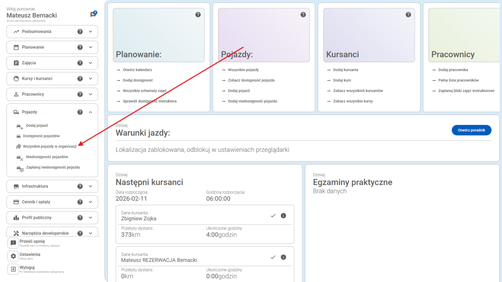 Kliknij "Wszystkie pojazdy w organizacji"