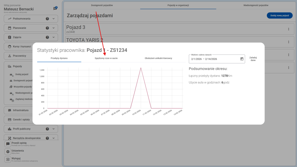 Aby sprawdzić ile godzin zostało przejeżdżone kliknij zakładkę - "Spędzony czas w aucie"