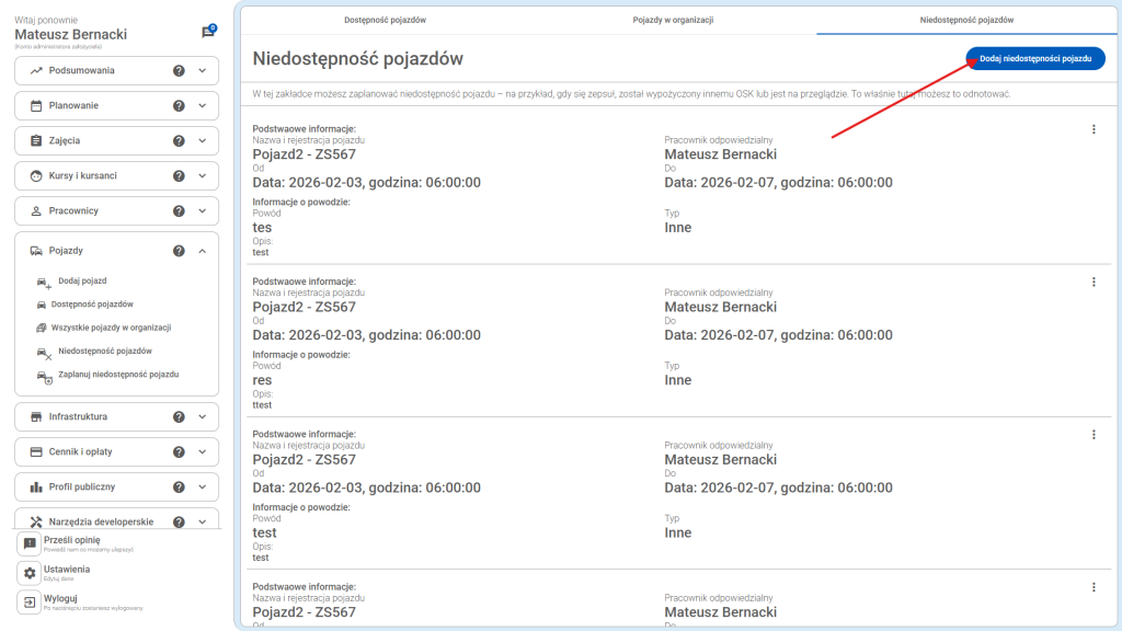 Aby dodać niedostępność pojazdu kliknij w zakładkę "Niedostępność pojazdu"