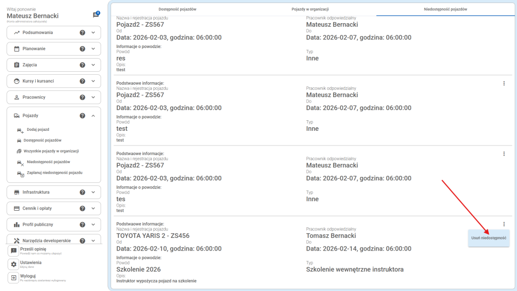 Następnie kliknij - "Usuń niedostępność"