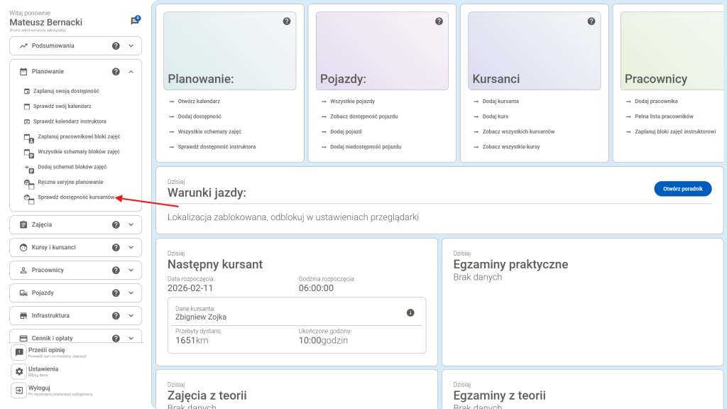 Kliknij "Sprawdź dostępność kursantów"