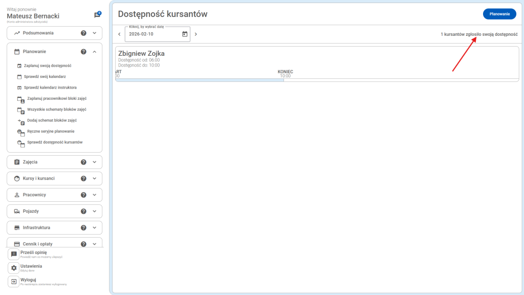 W tym miejscu można sprawdzić ile kursantów zgłosiło już dostępność