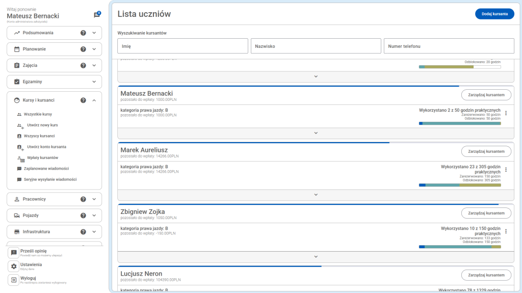 Lista kursantów - system CRM dla osk