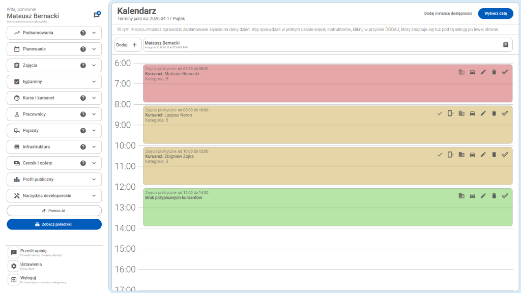 Widok na kalendarz systemu CarDriveManager