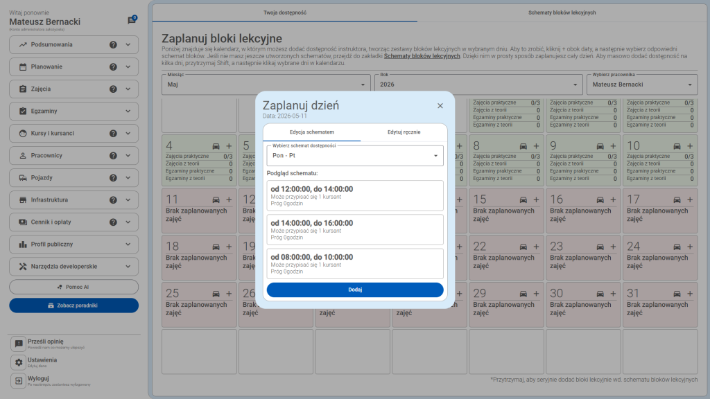 Dodawanie bloków lekcyjnych instruktora